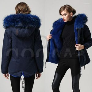 Kvinnors päls blå varm vinter fru kappa parka med stor riktig tvättbjörn krage jacka huva ytterkläder fabrikspris tillverkare