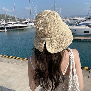 Wide Brim Hats Folding Raffia Pearl Straw Hat Women's Summer Outing Sun Visor Holiday Cool Seaside Panam Beach Tide