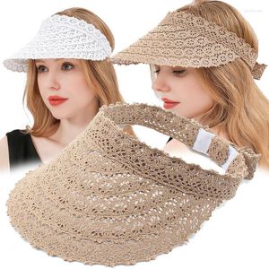 Ball Caps Women Summer Hat Foldable Visor Sun Cap Lace Wide Large Brim Beach Hats Breathable Hollow Top Straw Anti UV