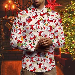 Camisas casuais masculinas Santa Snowman Print Shirt Fashion Moda de manga longa Botão de lapela selvagem Creative Slim Festive Decoration