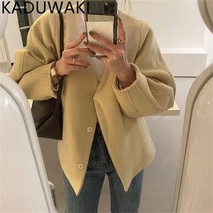 Wool wełniane mieszanki vintage miękki kolor vneck krótki płaszcz Kobiety proste jesień zima eleganckie luźne kurtki koreańskie eleganckie topy streetwearne 220930