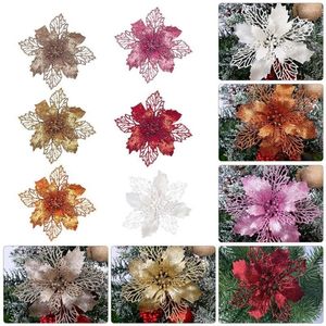 UPS Flores decorativas 10pcs Árvore de natal Garland Glitter Hollow Artificial Flower Ornamentos pendentes Diy Wreath Wedding