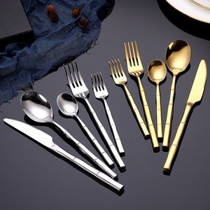 Geschirr-Sets, 4/5-teilig, Gold-Bambus-Optik, Besteck-Set, Edelstahl, Steakmesser, Gabel, Löffel, Geschirr-Design, luxuriöses Abendessen