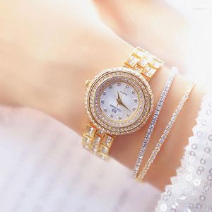 Bilek saatleri BS Kore tam rhinestone tasarımı altın gümüş gül bayanlar, bilezik seti reloj ile moda kuvars saat izle