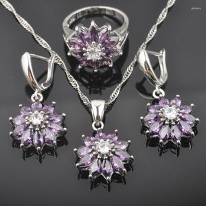 Orecchini di collana set di cristalli di zirconia viola Colore d'argento per anello di orecchini da sposa QZ0437