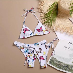 Women's Swimwear Triangle Sexy Bikini Set Halter 2022 Butterfly Printed Women's Swimsuit Female Bathing Suit 3 Piece Bathers