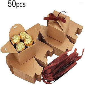 Gift Wrap 50pcs Kraft Paper Box Wedding Candy Boxes With Ribbon Retro Style Matte No-wax For Packaging Handmade Soap Food