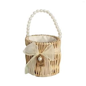 Party Decoration Romantic Wedding Flower Girl Basket Woven With Pearl Handle Bowknot Bridesmaid Ceremony Ornament