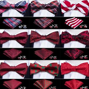 Båge slipsar självt slips för män silke fjäril herr röda gitter hanky manschettknappar kostym krage avtagbar slips bröllopsfest