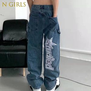 Мужские джинсы и девушки ретро карманы Письмо вышивая разорванная повседневные мужчины с прямой широкой брюки Женщины Harajuku Негабаритная джинсовая одежда уличной одежды