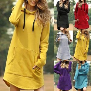 Kadın Hoodies Sweatshirts Kadın Vintage Katı Kroper Midi Elbiseler Kadın Gündelik Uzun Hoodie Elbise Sonbahar Kış Cep Kollu Büyük Boy