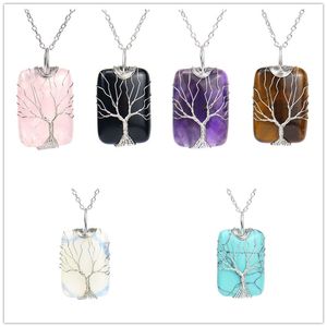 Natural Stone Crystal Agate Tree of Life Pendant Necklace Square Rectangle Reiki Healing Charms Necklace for Women Jewelry