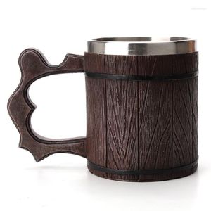 Muggar trä Tankard öl stein mugg souvenir kopp dubbel vägg harts rostfritt stål simulering fat dricker kaffe te