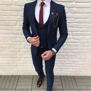 Classic Navy Blue Mens Suits 3 Piece Jacket Vest Pants Set Double Breasted Tuxedo For Groom Wedding Party Blazer Terno Masculino
