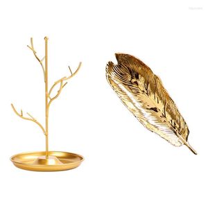 Jewelry Pouches Display Stand Rack Tree Golden & Tray Women's Dressing Table Small Objects Fine Leaf