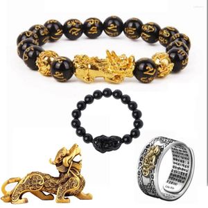 Collana Orecchini Set Feng Shui Ossidiana Bracciale con perline Anello Polsino in stile cinese Pixiu Fortune Beast Uomo e donna