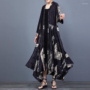 Casacos de trincheira feminina Primavera e verão 2022 Literatura impressão de arte Rayon Cardigan Casaco solto largo swing stand colar feminino