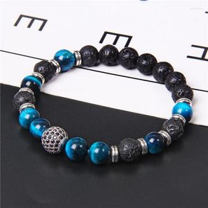 Strand Natural Blue Tiger Eye Beads Bracelet Fashion Micro Pave Zircon Ball Black Lava Volcanic Beaded Charm For Women Men