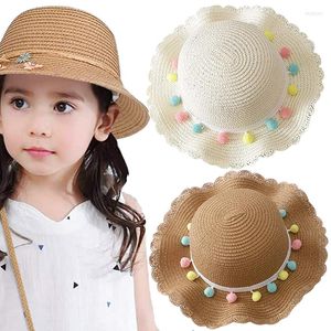 Hats Kids Girls Large Wide Brim Straw Woven Sun Protection Beach Hat Colorful Pompom Ball Summer Floppy Bucket Cap Children