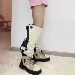 Boots Hackers Project Needle Web Color Matching High-Heeled Stretch Thigh High Square Head Toe Ankle Leather Breattable Ladies Casual Shoes