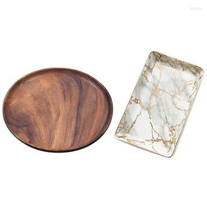 Baking Tools Round Solid Wood Board Whole Acacia Fruit Plate Wooden & Gold Marbled Ceramic Dessert Steak Salad Snack Cake Tray