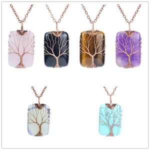 Rero Natural Stone Crystal Tree of Life Pendant Necklace Square Rectangle Reiki Agate Healing Charms Necklace for Women Jewelry