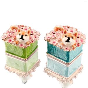 Storage Bottles Jewelry Trinket Box With Puppy Dog Cherry Blossoms Animal Figurine Christmas Gift Keepsaske Craft Home Office Decor