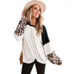 Kvinnors blusar Kvinnors Casual Leopard Long Sleeve Waffle Kink Loose Shirt Woolen tröja O-Neck