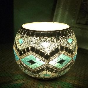 Candle Holders 2022Mosaic Glass Candlestick Wedding Decoration Holiday Birthday Lamp Blue Waves