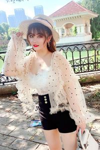 Women's Vests Dot Kawayi Harajuku Summer Sunscreen Sunproof Jacket Girls Lolita Cute Sweet White Thin See Through Lantern Sleeve Cardigan