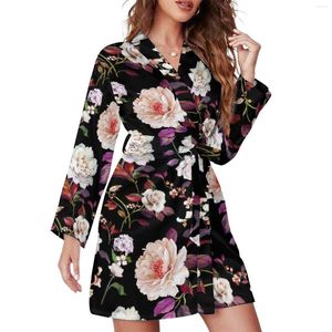 Women's Sleepwear Pretty White Flower Pajama Robe Women Purple Leaves Bedroom Long Sleeve V Neck Print Pajamas Robes Romantic Dresses