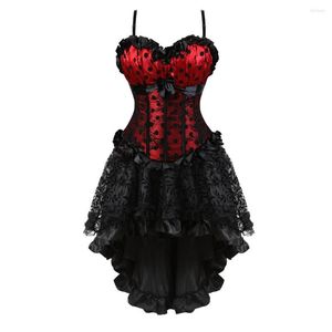 Bustiers Korsetts Damen Vintage Print Dot Straps Spitzenkorsett Top mit Gothic Blumenrock Sets Burlesque Kleid Tanzkostüm Plus S-6XL