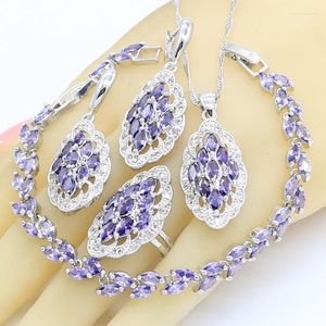 Halsbandörhängen Set Purple Zircon Silver Color for Women Marquise Stones Armband Pendant Ring Present Box