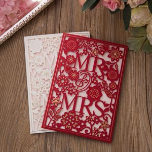 Cartões de felicitações 10pcs White Red Laser Cut Mrmrs Card de convites de casamento elegante com envelopes Favory Favors Decorações