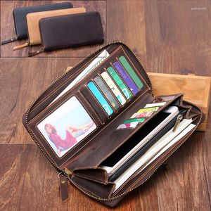 Wallets Vintage Crazy Horse Genuine Leather Wallet Men Purse Long Style Clutch Bag Male Zip Around