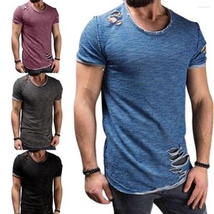 Herr t shirts sommar m￤n mode t-shirt fast f￤rg kort ￤rm bomullsblandning h￥l design topp tr￶jor f￶r hip hop tshirt streetwear 4xl