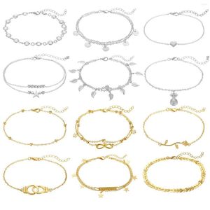 Anklets 12PCs/Set Fashion Women Set Gold Color Silver Metal Chains Summer Beach Bracelets Barefoot Sandals Foot Jewelry