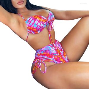 Women's Swimwear Women Floral Print Neck-hanging Bikini Suit Low Cut Backless Swimsuit Off-shoulder Sleeveless High Wait Beachwear Bathing