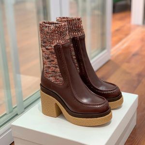 brown Leather tall platform Ankle Boots circular Toe block heels booties chunky100mm Sock-Style Boots women luxury designer Runway shoes
