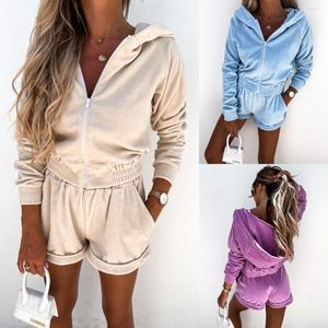 Kvinnors sp￥rdr￤kter Kvinnors shorts set 2 -stycken Fall Outfits Spring Autumn Long Sleeve Solid Color Zip Up Hoodie Wide Leg Clothes Set