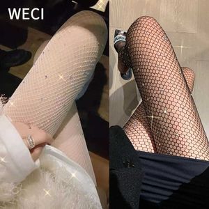 Meias Hosiery Weci Sexy Full's Fishnet Diamond Pantyhose Moda feminina feminina lisca brilhante Tights Multicolor Rhinestone Mesh Nylon meias novas T220930