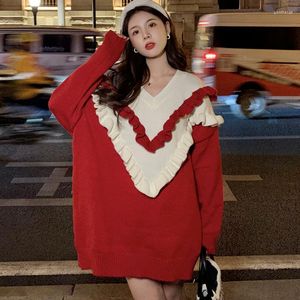 Women's Sweaters 2022 Autumn Winter Korean Fashion Elegant Commute Wild V-neck Ruffle Stitching Hit Color Design Long Knit Pullover Sweater