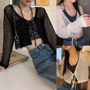 Kvinnorjackor Kvinnor Kvinnor V-ringning Lace-up Front Long Sleeve Cardigan Crop Top Hollow Out See Through Fishnet Mesh Shirts Thin Cover