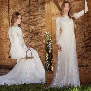 Klänningar 2023 Boho Wedding Bridal Gown Beach Country Lace Applique Scoop Neck Long Sleeves Tulle En linje Custom Made Plus Size Vestido de Novia