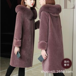 Women's Leather Haining Sheep Sheared Cashmere Coat Mother's Grain Fur One Lamb Collar Long Women's & Faux