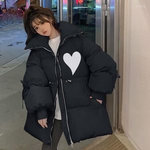 Women's Trench Coats 2022 Winter Korean Loose Love Printed Drawstring Thickened Long Sleeve Zipper Cotton Jacket C1143