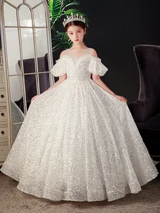 2023 Adorável Natal Branco Escuro Flor Meninas Vestidos Joia Pescoço Contas de Cristal Tule Camadas Até o Chão lantejoulas Crianças Aniversariante Vestidos de Concurso