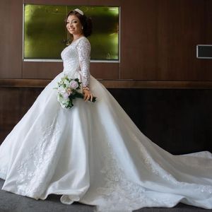 2023 Luxury Crystal Beading Wedding Dress long lace sleeves ball gown sexy Bridal Gowns Sweep Train Custom Made Dresses