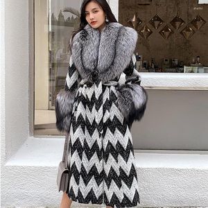 Women's Fur Women's & Faux 2022 Winter Women Wool Coat With Big Silver Collar Luxury Cuffs Long Style Fashion Clothing Overcoat Jacket