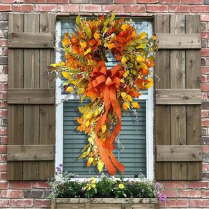 装飾的な花秋の花輪オレンジボウガーランドドア窓飾りクリスマスデコレーション